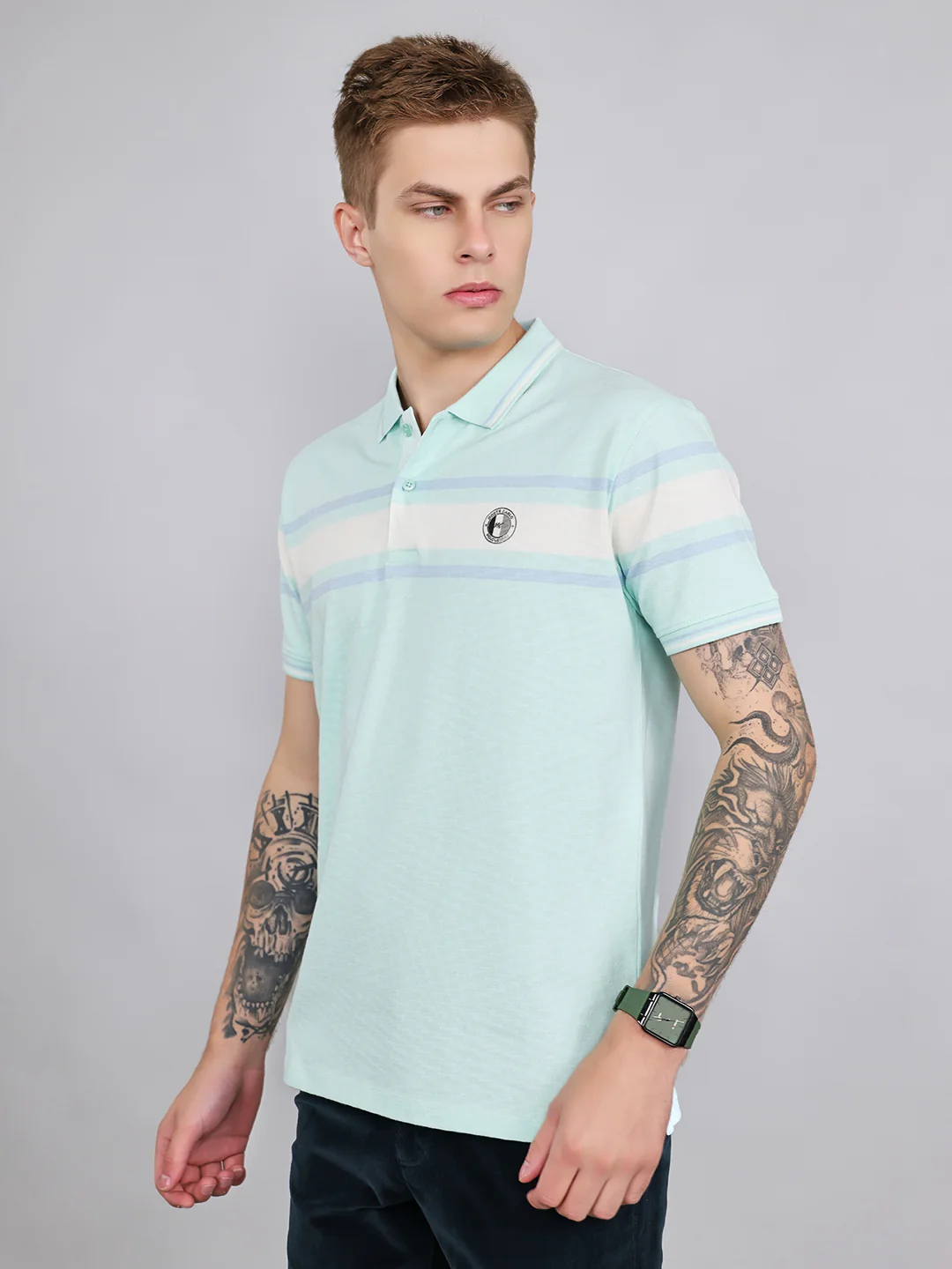 Men Turquoise Blue Stripe Collar Half Sleeve T-Shirt - Image 2