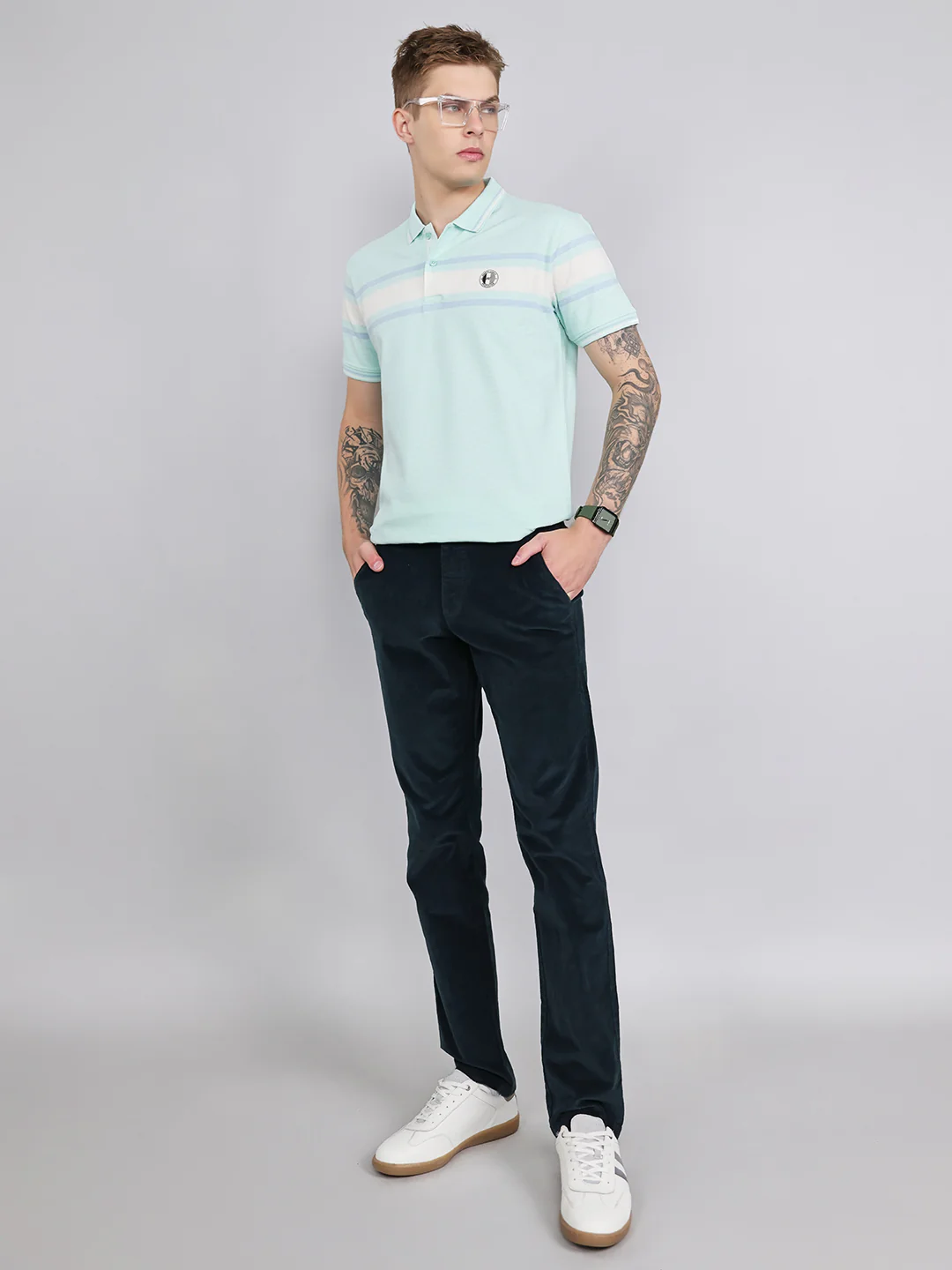 Men Turquoise Blue Stripe Collar Half Sleeve T-Shirt - Image 6