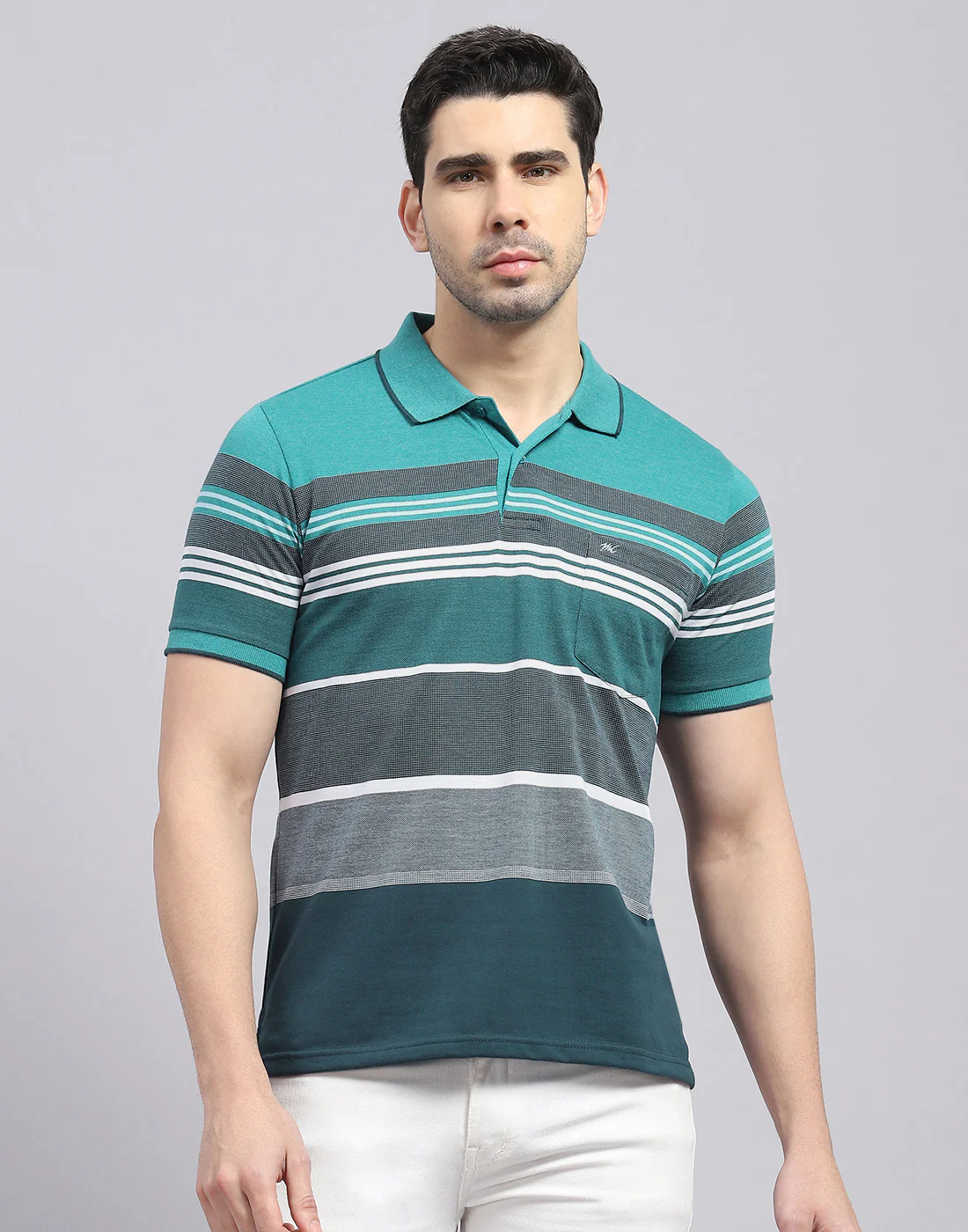 Men Turquoise Blue Stripe Polo Collar Half Sleeve T-Shirt - Image 3