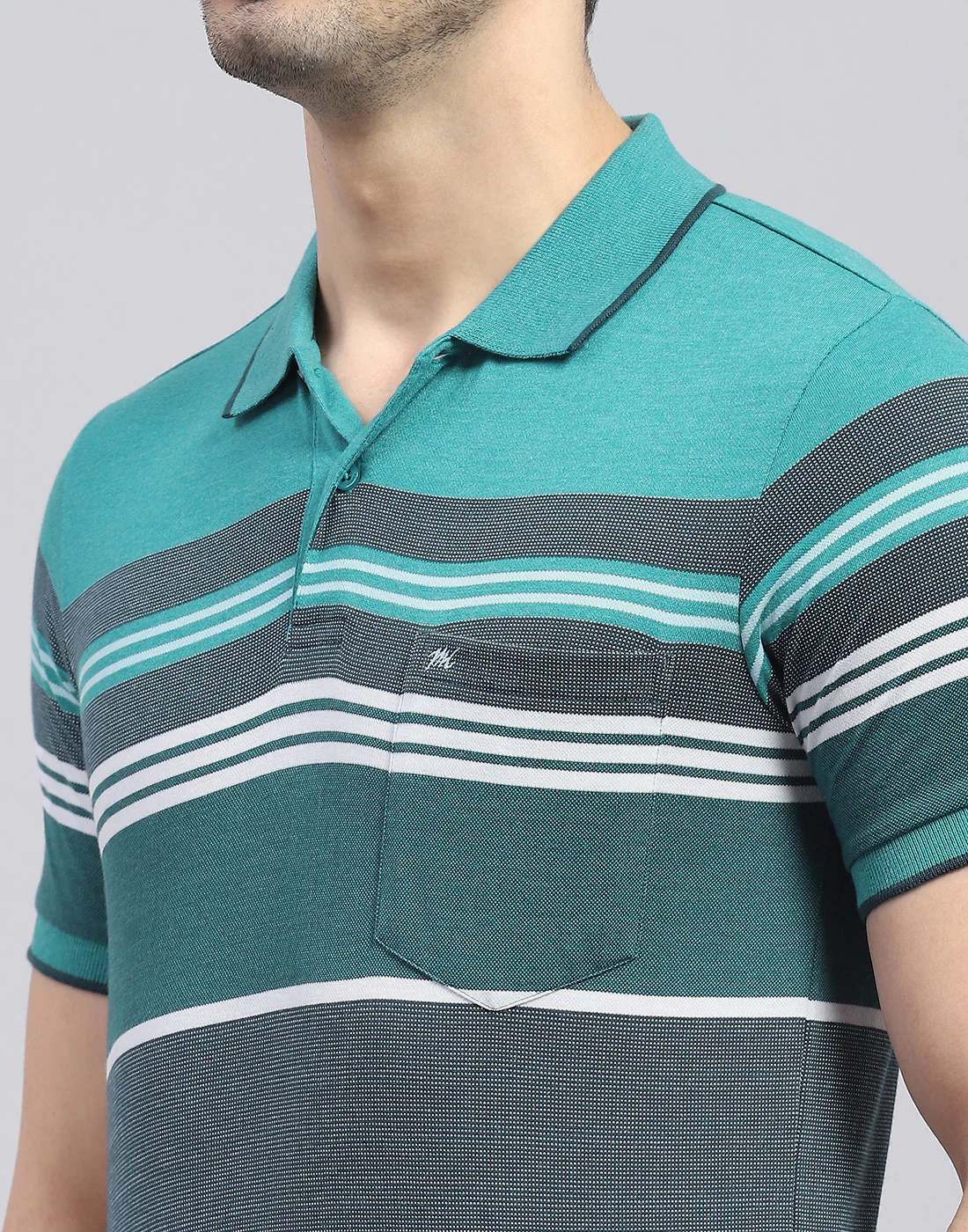 Men Turquoise Blue Stripe Polo Collar Half Sleeve T-Shirt - Image 7