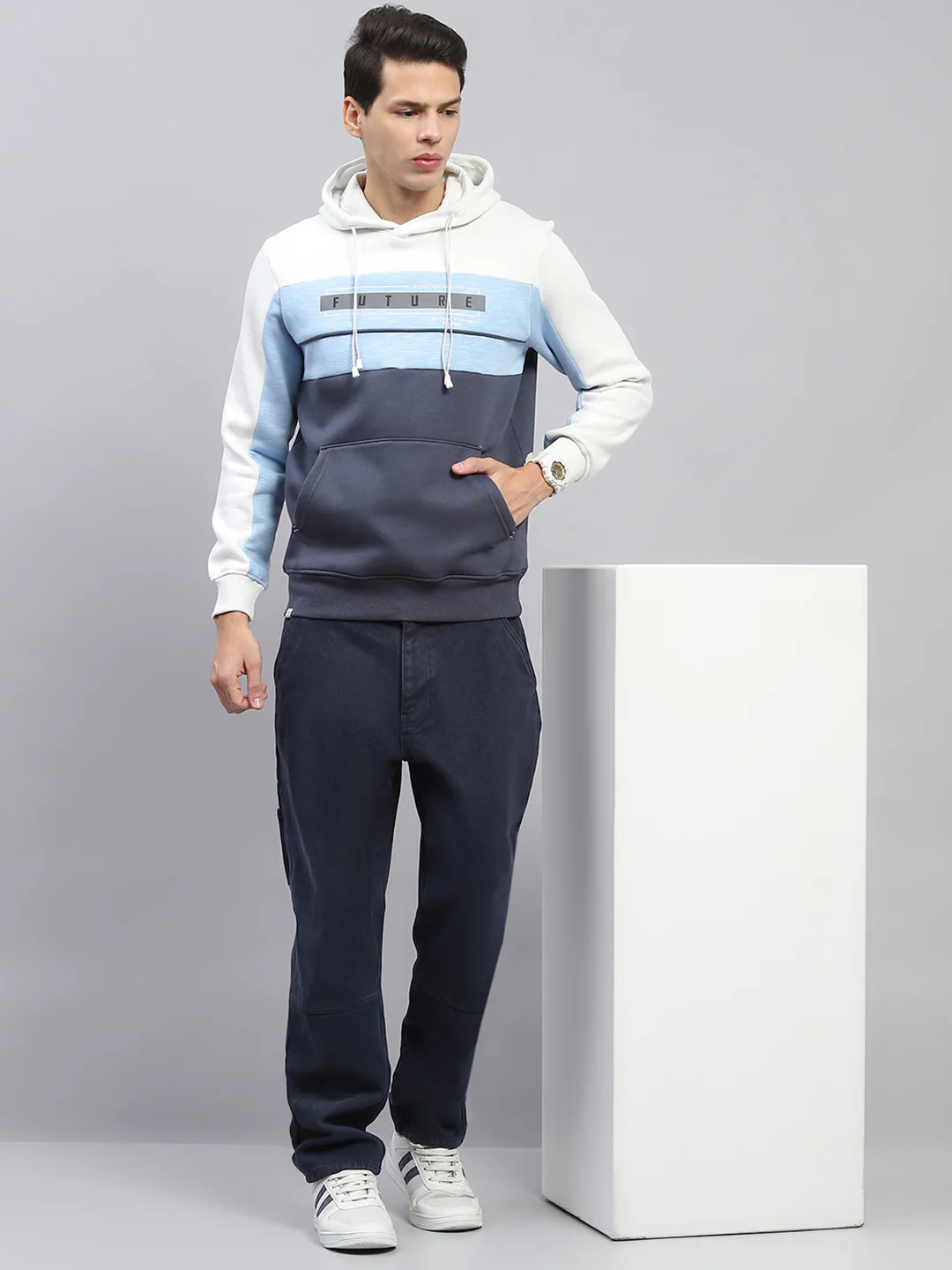 Men White & Blue Printed Hooded Full Sleeve Sweatshirt - Image 2
