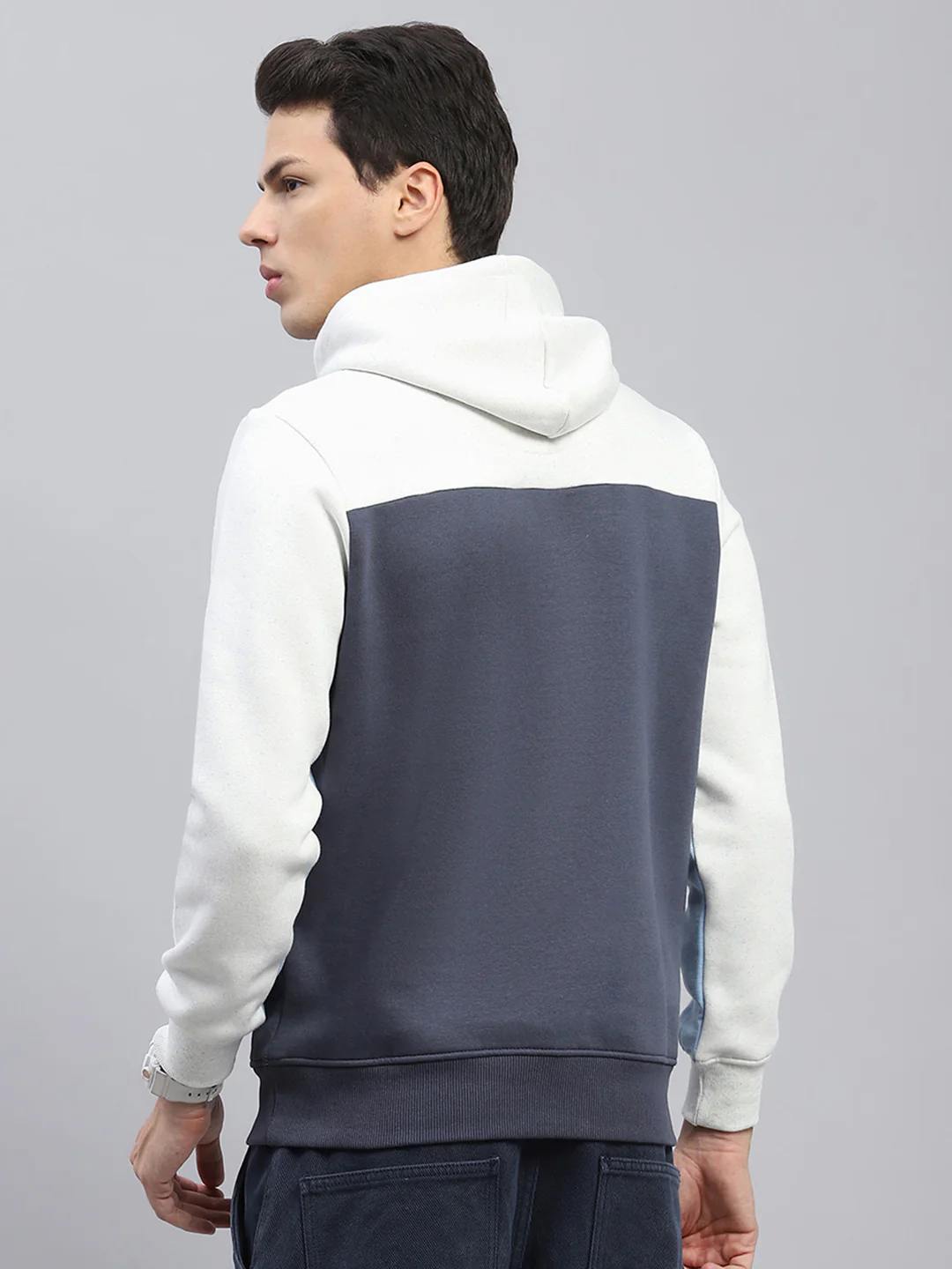 Men White & Blue Printed Hooded Full Sleeve Sweatshirt - Image 5