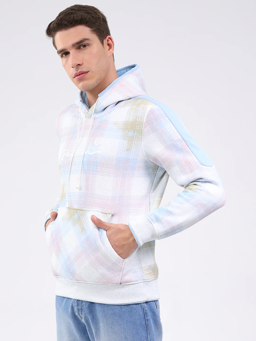 Men White & Blue Printed Hooded Full Sleeve Sweatshirt - Image 3