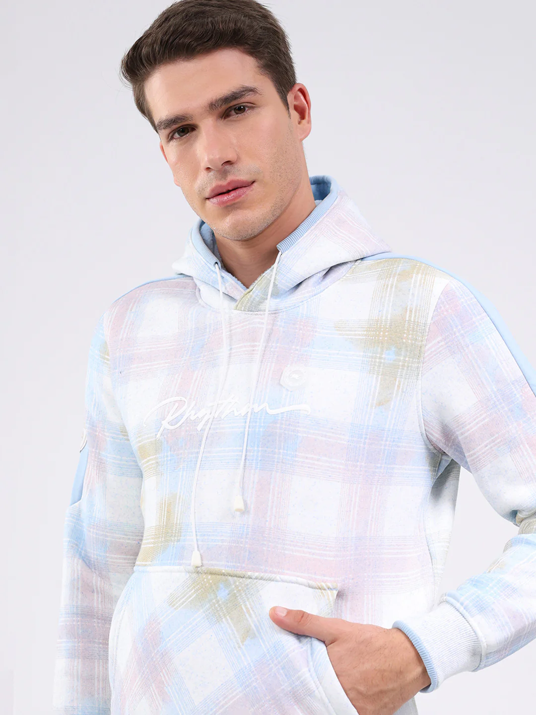Men White & Blue Printed Hooded Full Sleeve Sweatshirt - Image 6