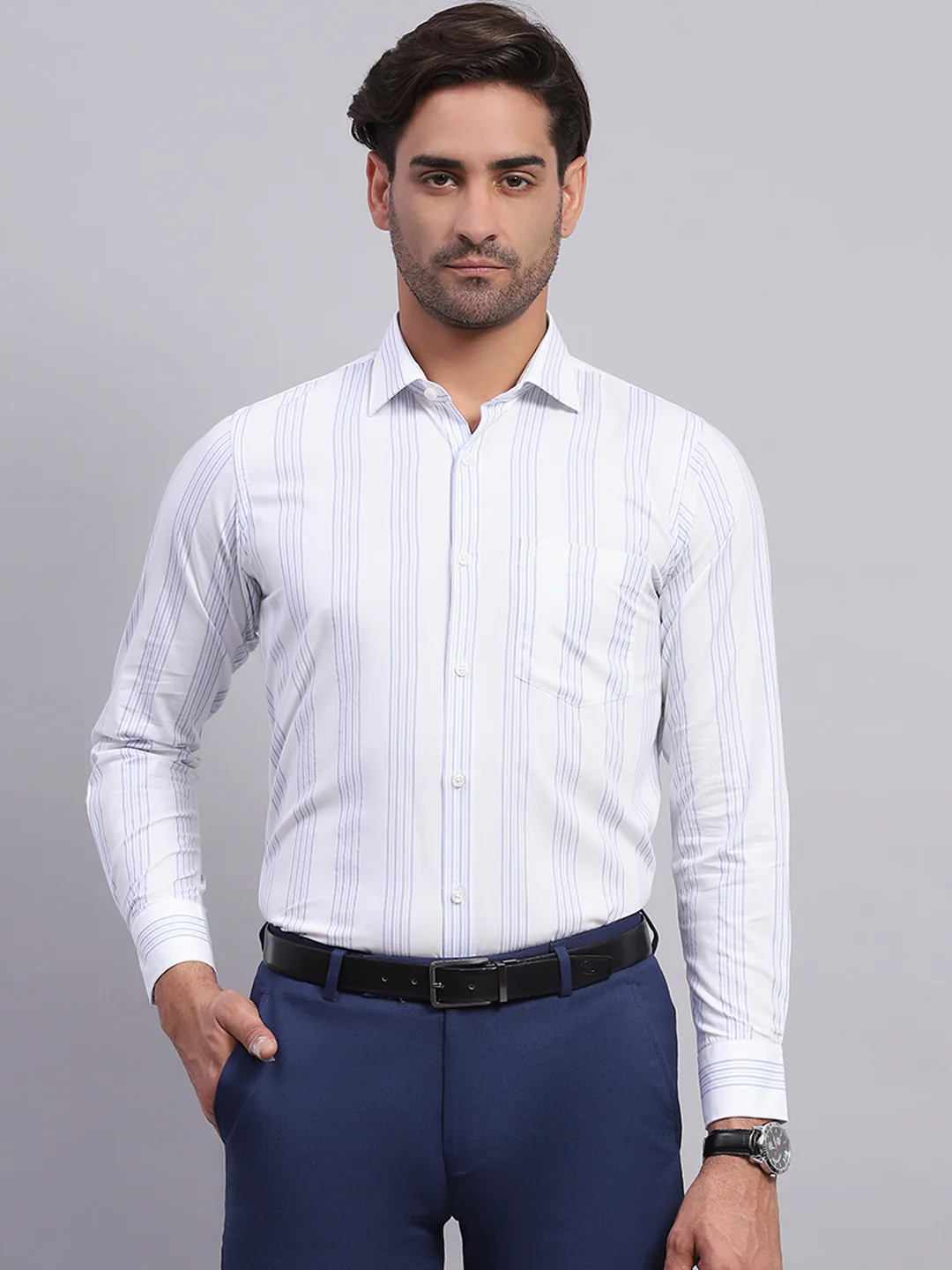 Men White & Blue Stripe Collar Full Sleeve Shirt - Image 2