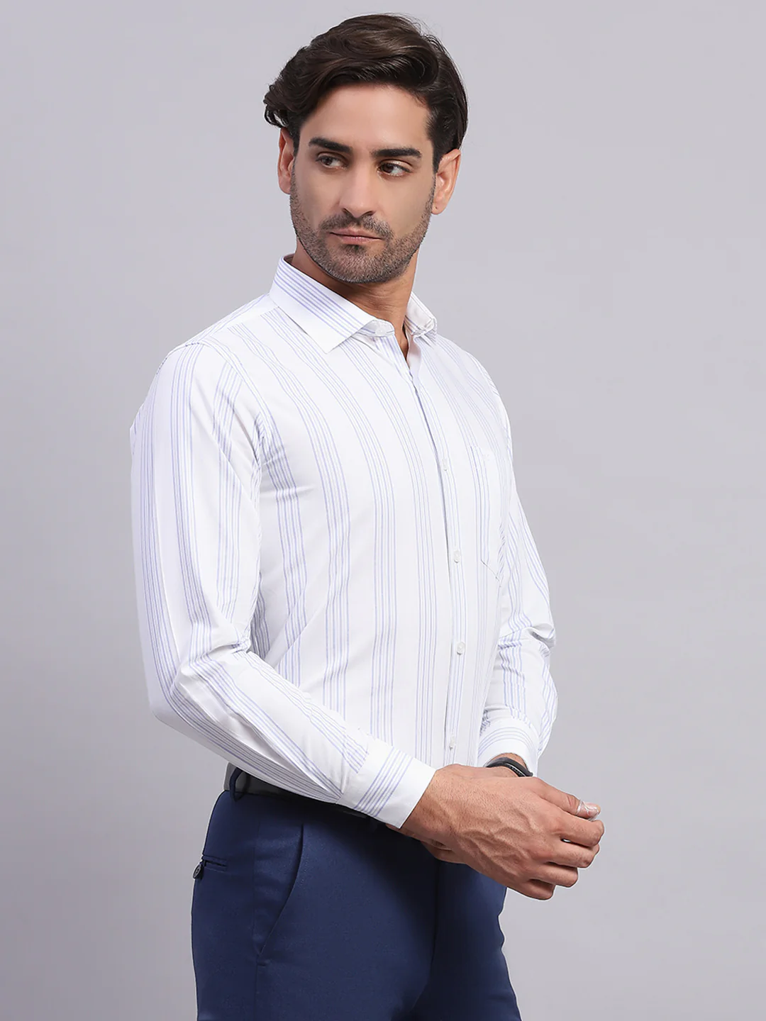 Men White & Blue Stripe Collar Full Sleeve Shirt - Image 4