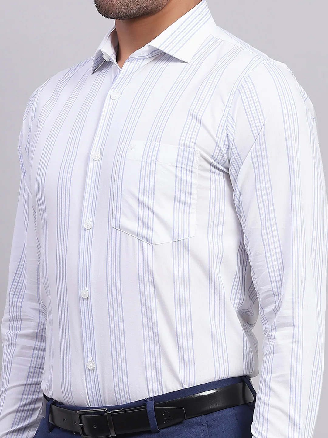 Men White & Blue Stripe Collar Full Sleeve Shirt - Image 6