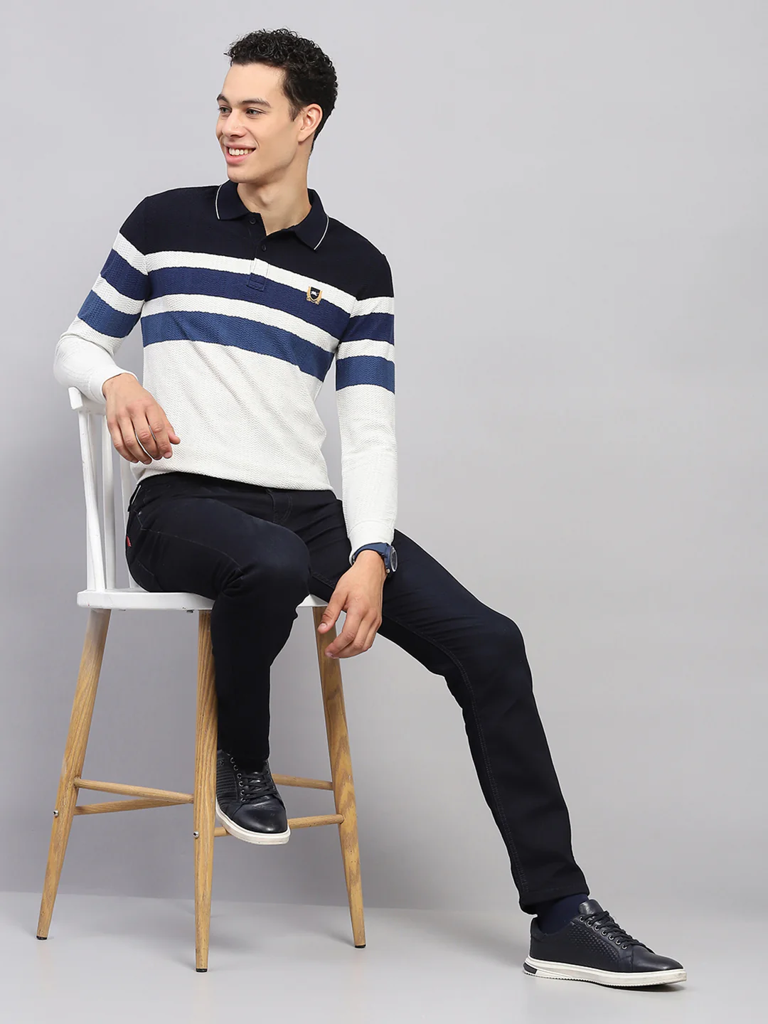 Men White & Blue Stripe Collar Full Sleeve Winter T-Shirt - Image 2