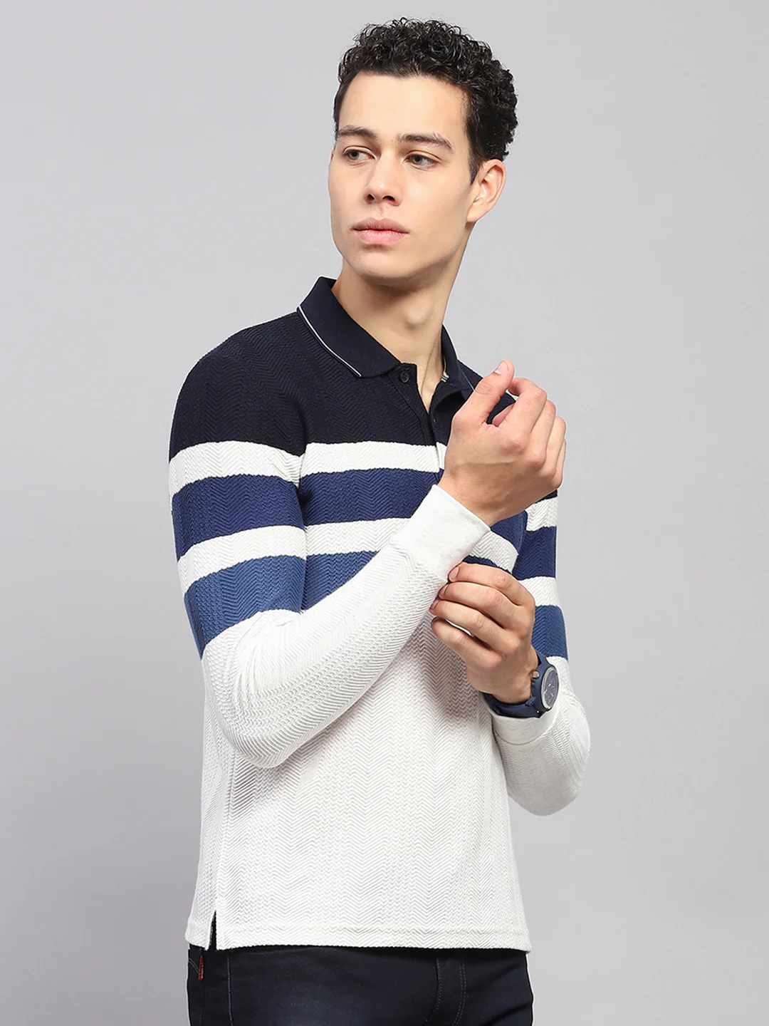 Men White & Blue Stripe Collar Full Sleeve Winter T-Shirt - Image 4