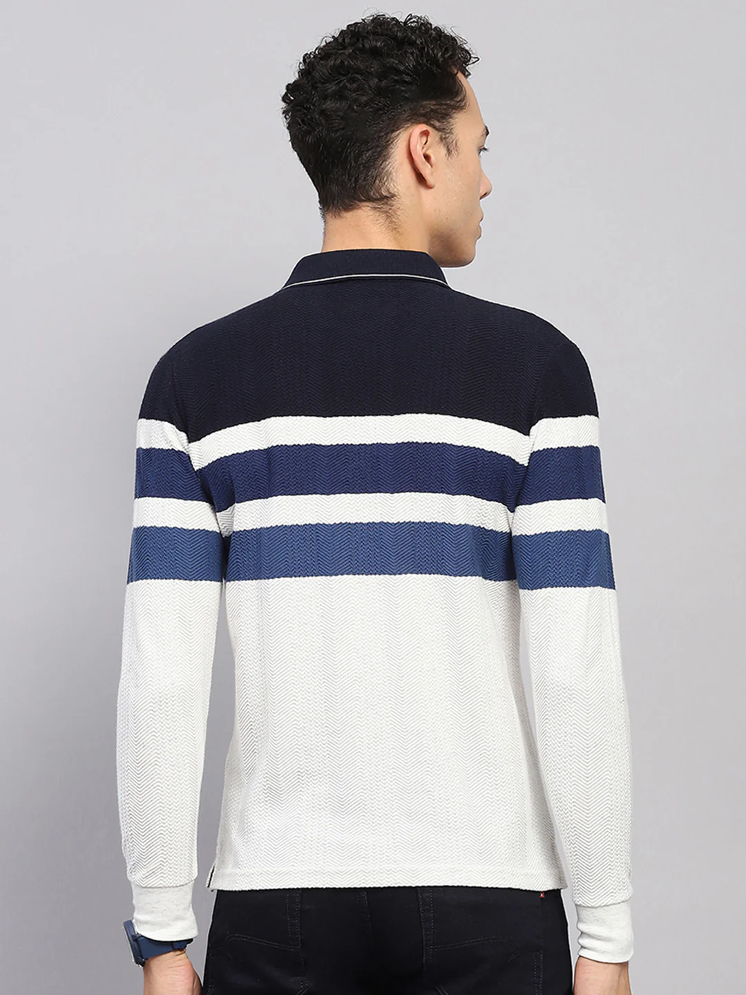 Men White & Blue Stripe Collar Full Sleeve Winter T-Shirt - Image 5