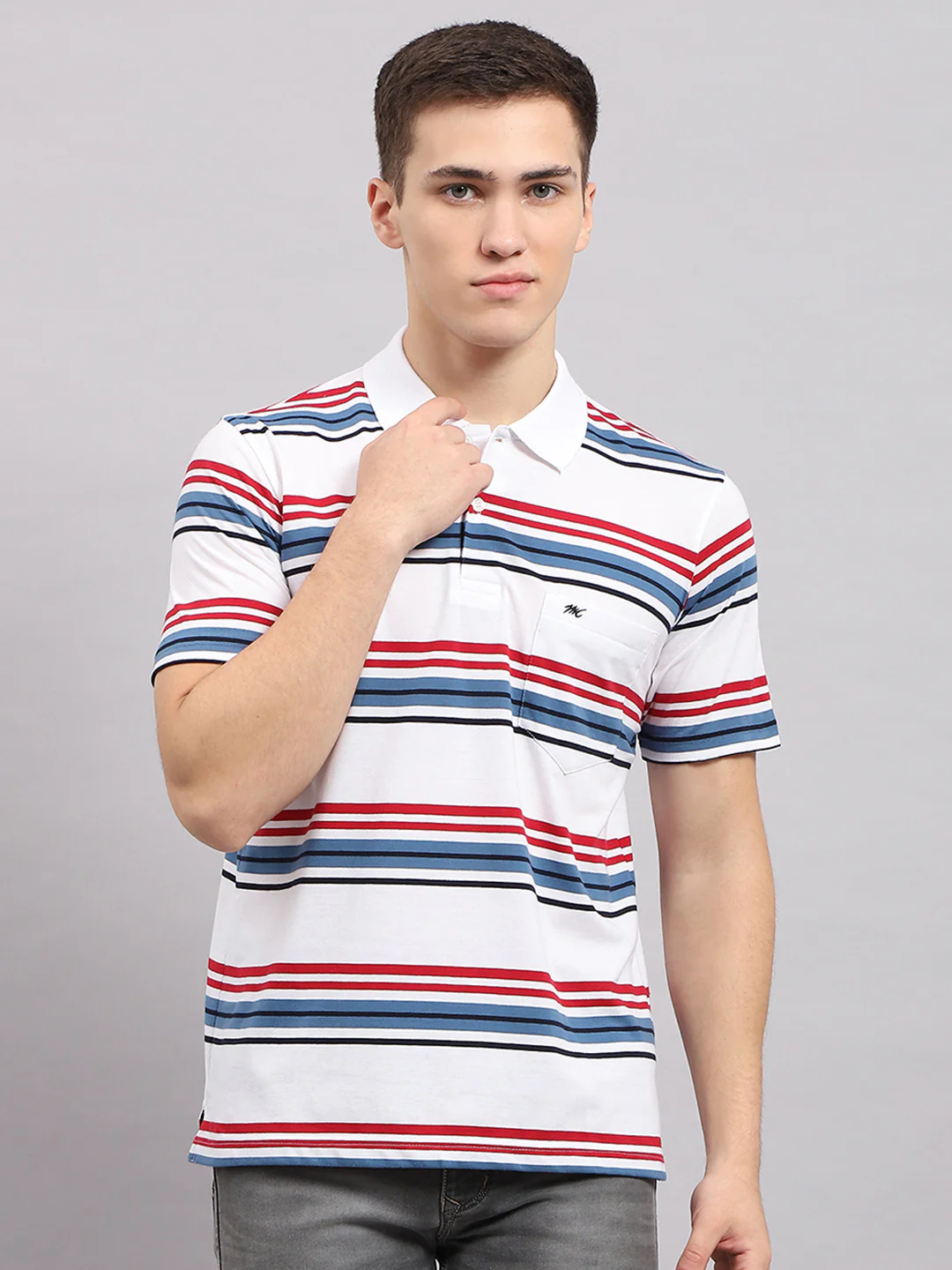 Men White & Blue Stripe Collar Half Sleeve T-Shirt - Image 2