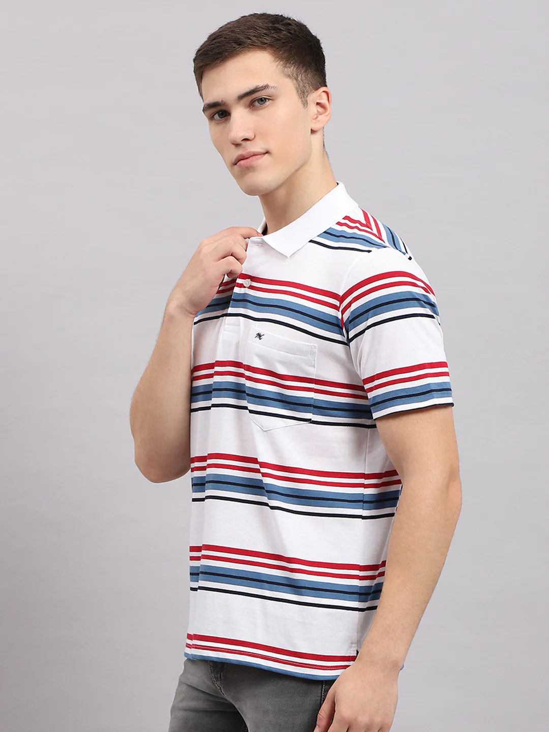 Men White & Blue Stripe Collar Half Sleeve T-Shirt - Image 3