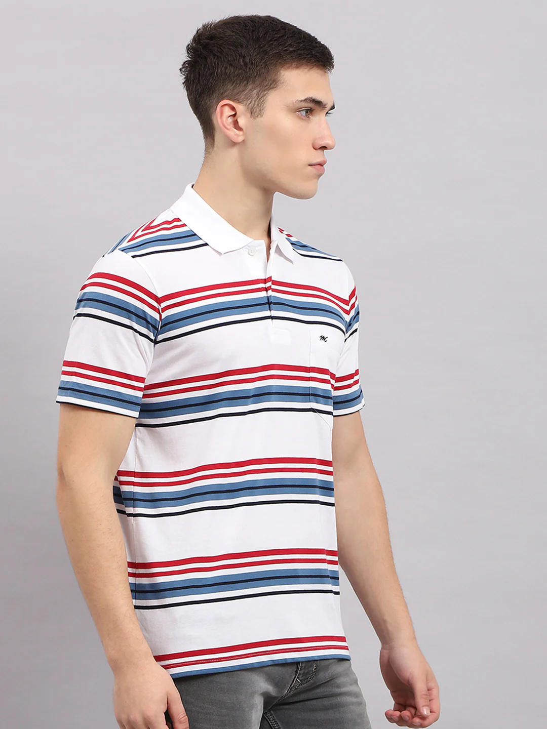 Men White & Blue Stripe Collar Half Sleeve T-Shirt - Image 4