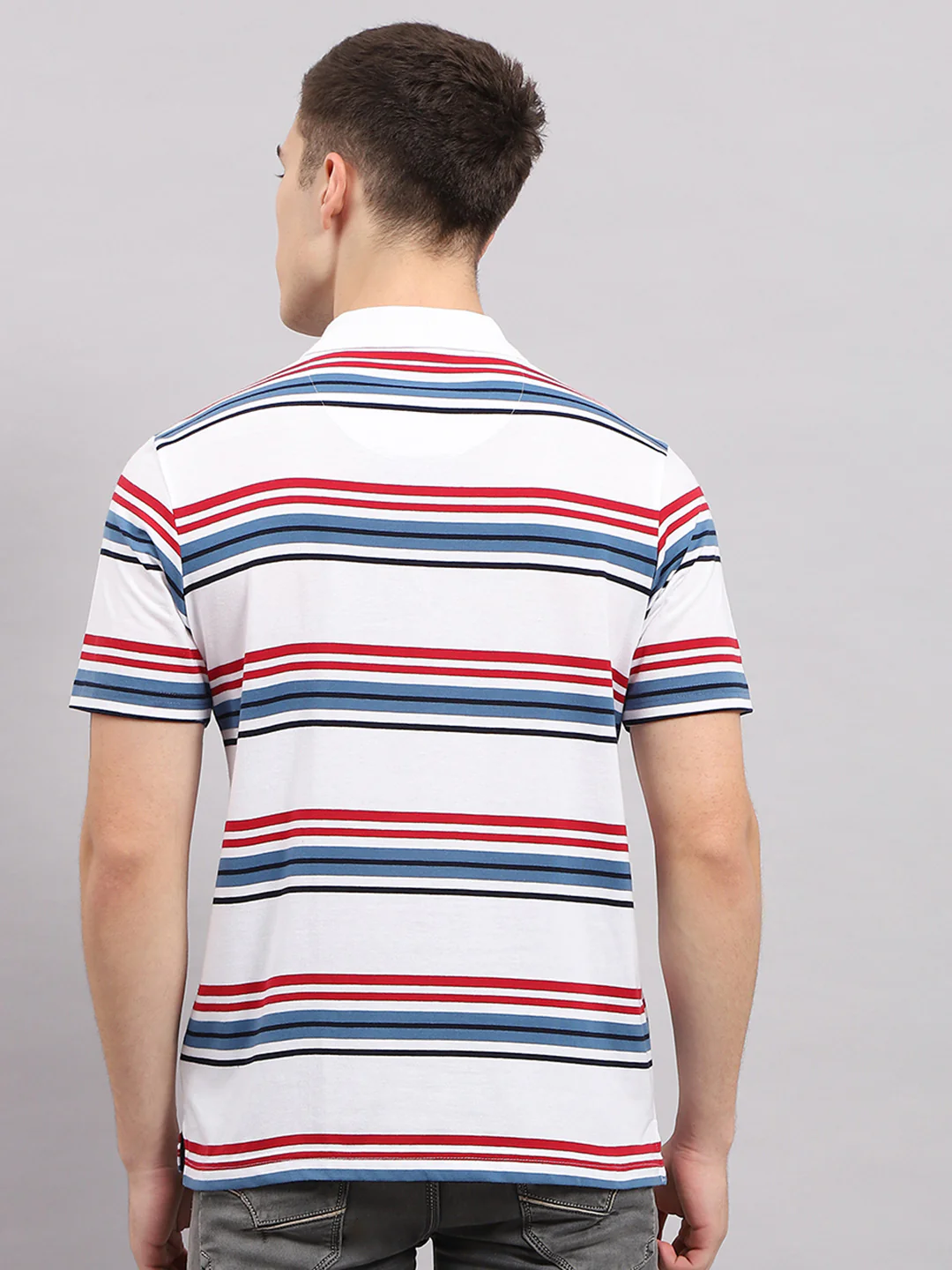 Men White & Blue Stripe Collar Half Sleeve T-Shirt - Image 5