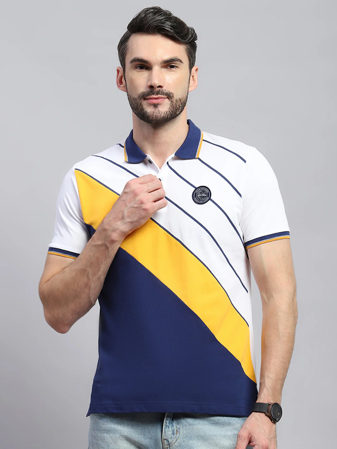 Men White & Blue Stripe Collar Half Sleeve T-Shirt - Image 2