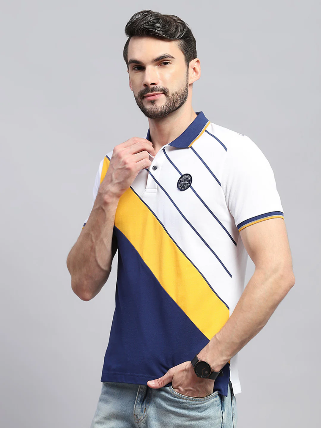 Men White & Blue Stripe Collar Half Sleeve T-Shirt - Image 3