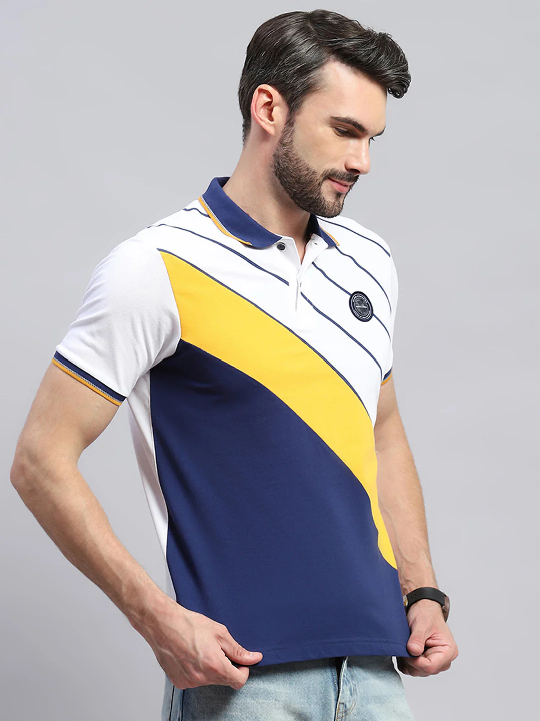 Men White & Blue Stripe Collar Half Sleeve T-Shirt - Image 4