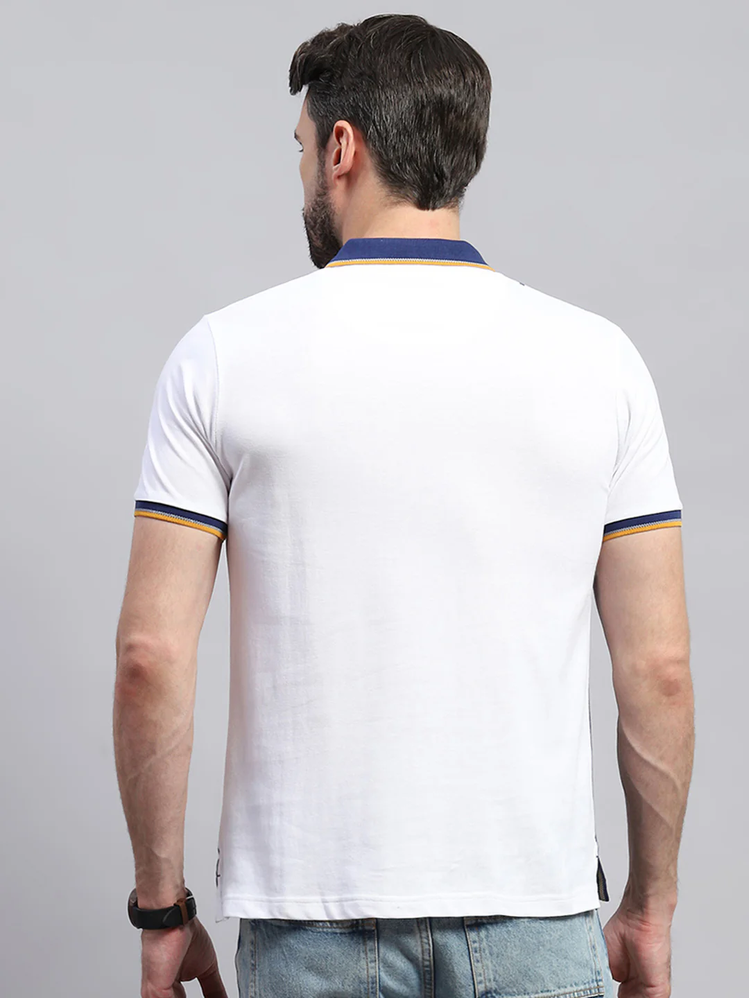 Men White & Blue Stripe Collar Half Sleeve T-Shirt - Image 5