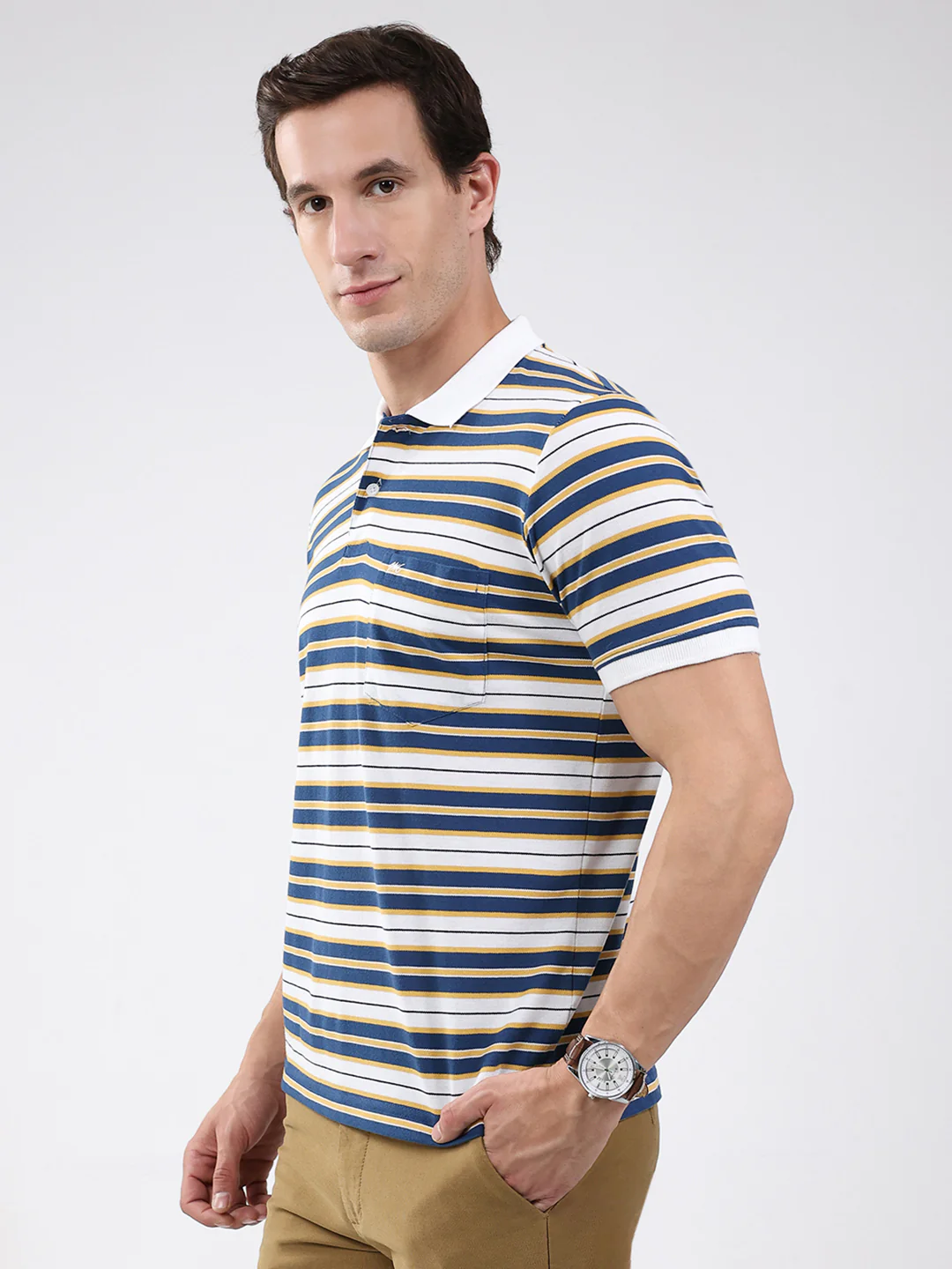 Men White & Blue Stripe Collar Half Sleeve T-Shirt - Image 3