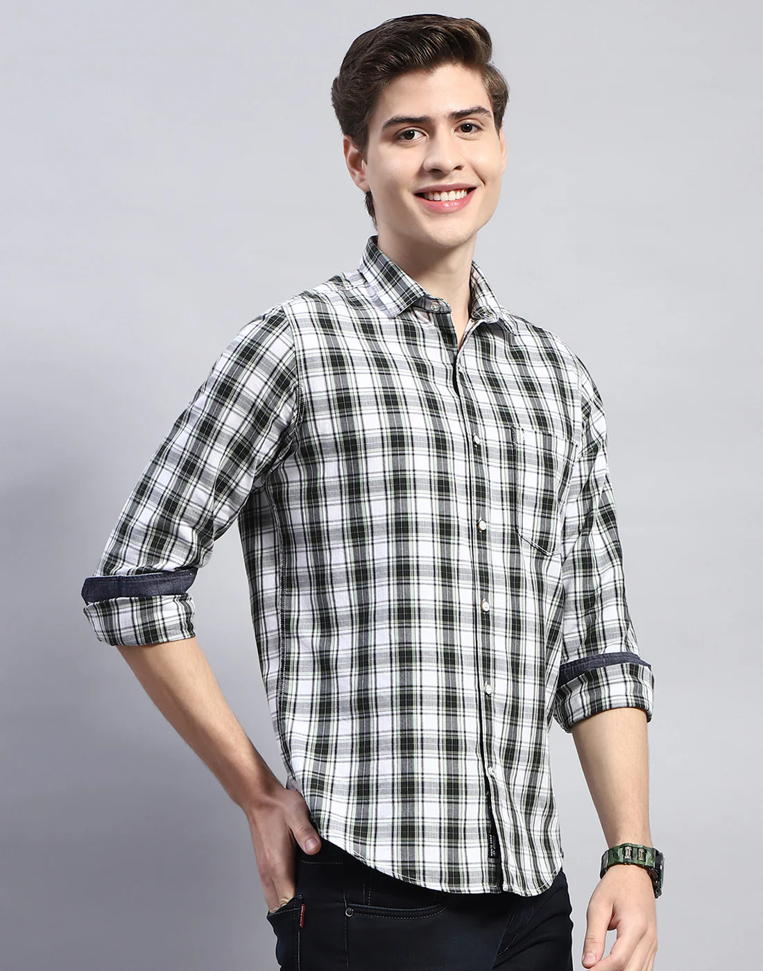 Men White Check Collar Full Sleeve Shirt - Image 5