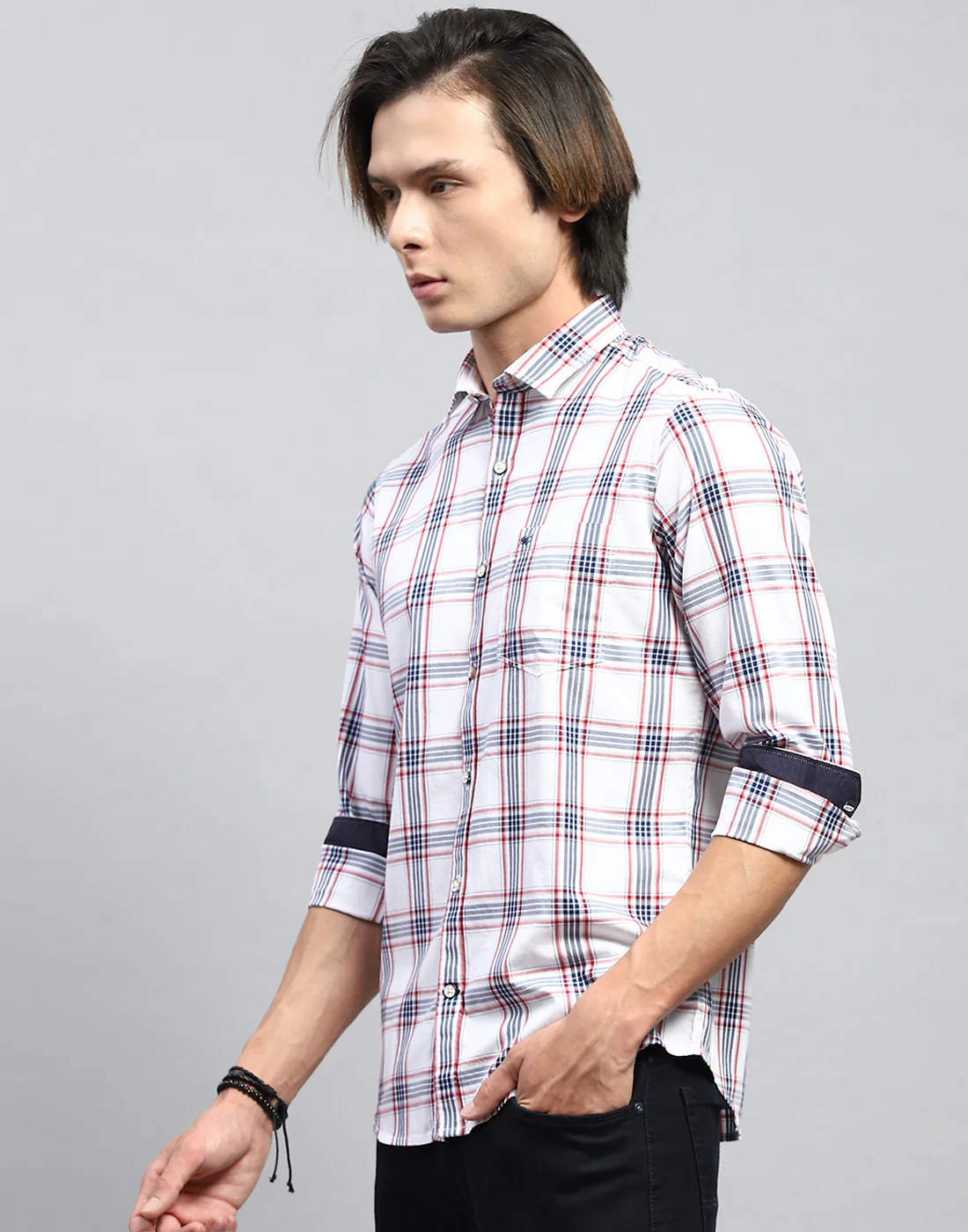 Men White Check Collar Full Sleeve Shirt - Image 3