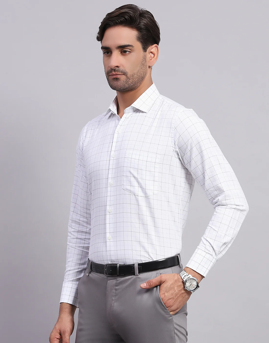Men White Check Collar Full Sleeve Shirt - Image 3
