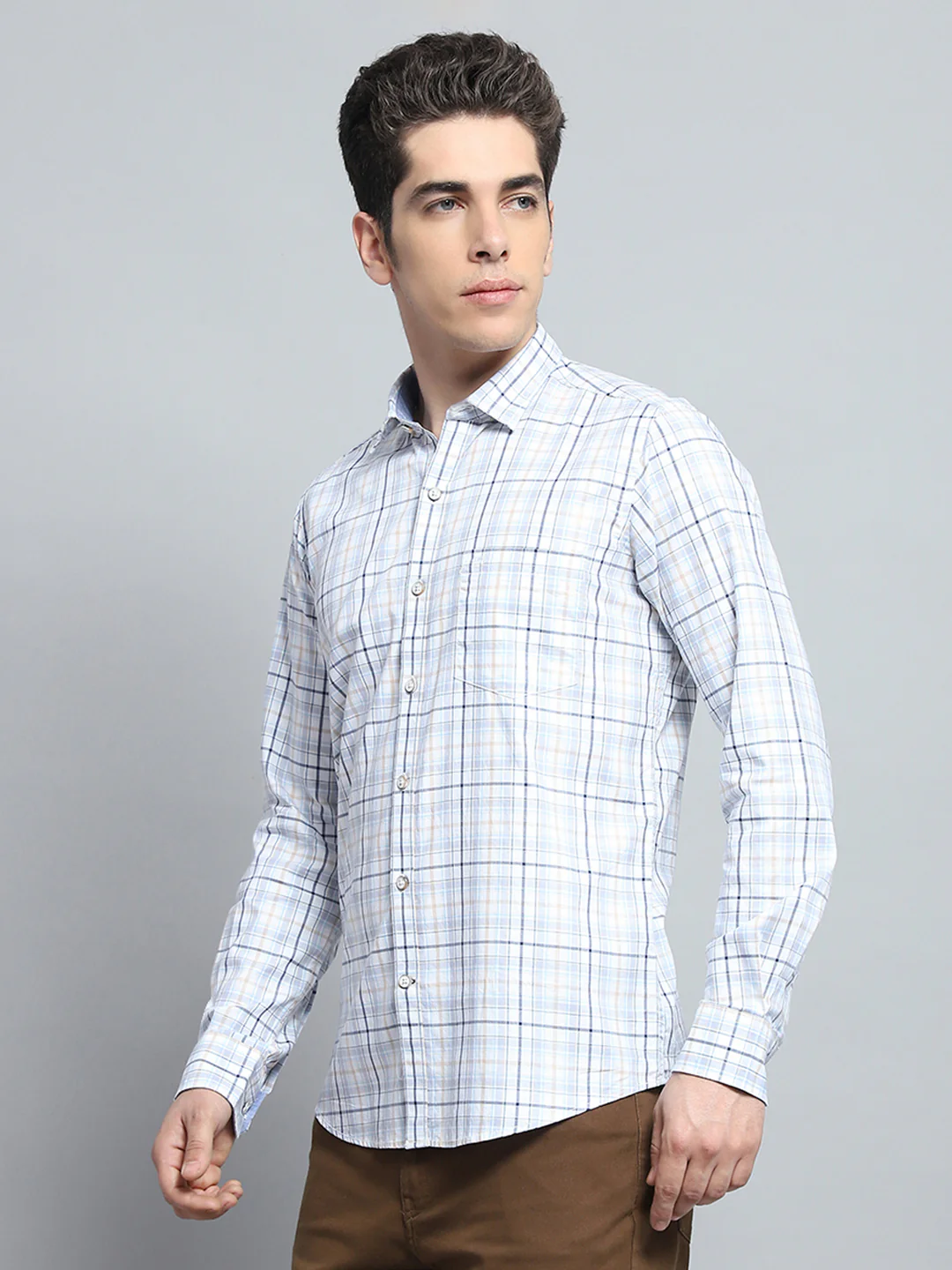 Men White Check Collar Full Sleeve Shirt - Image 3