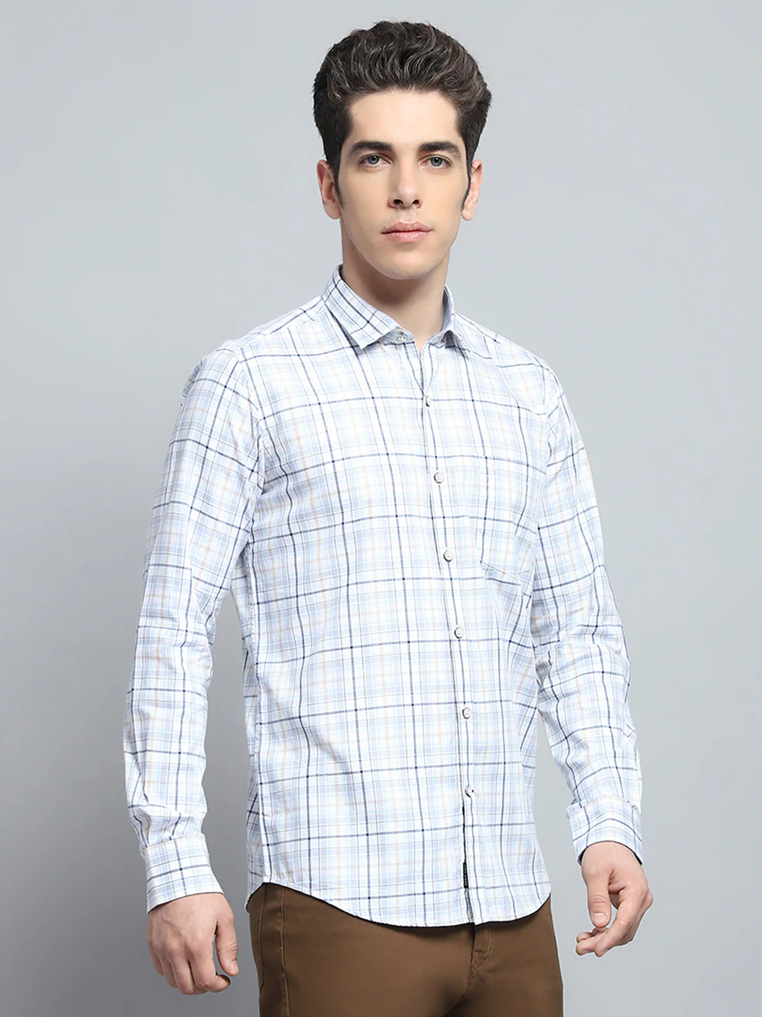 Men White Check Collar Full Sleeve Shirt - Image 4