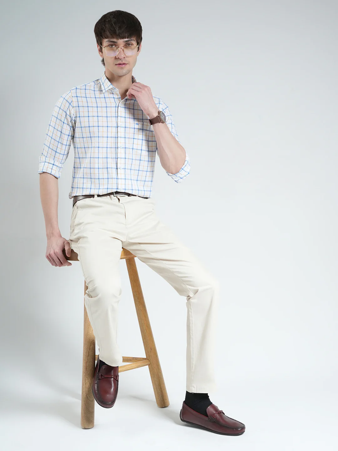 Men White Check Collar Full Sleeve Linen Shirt - Image 2