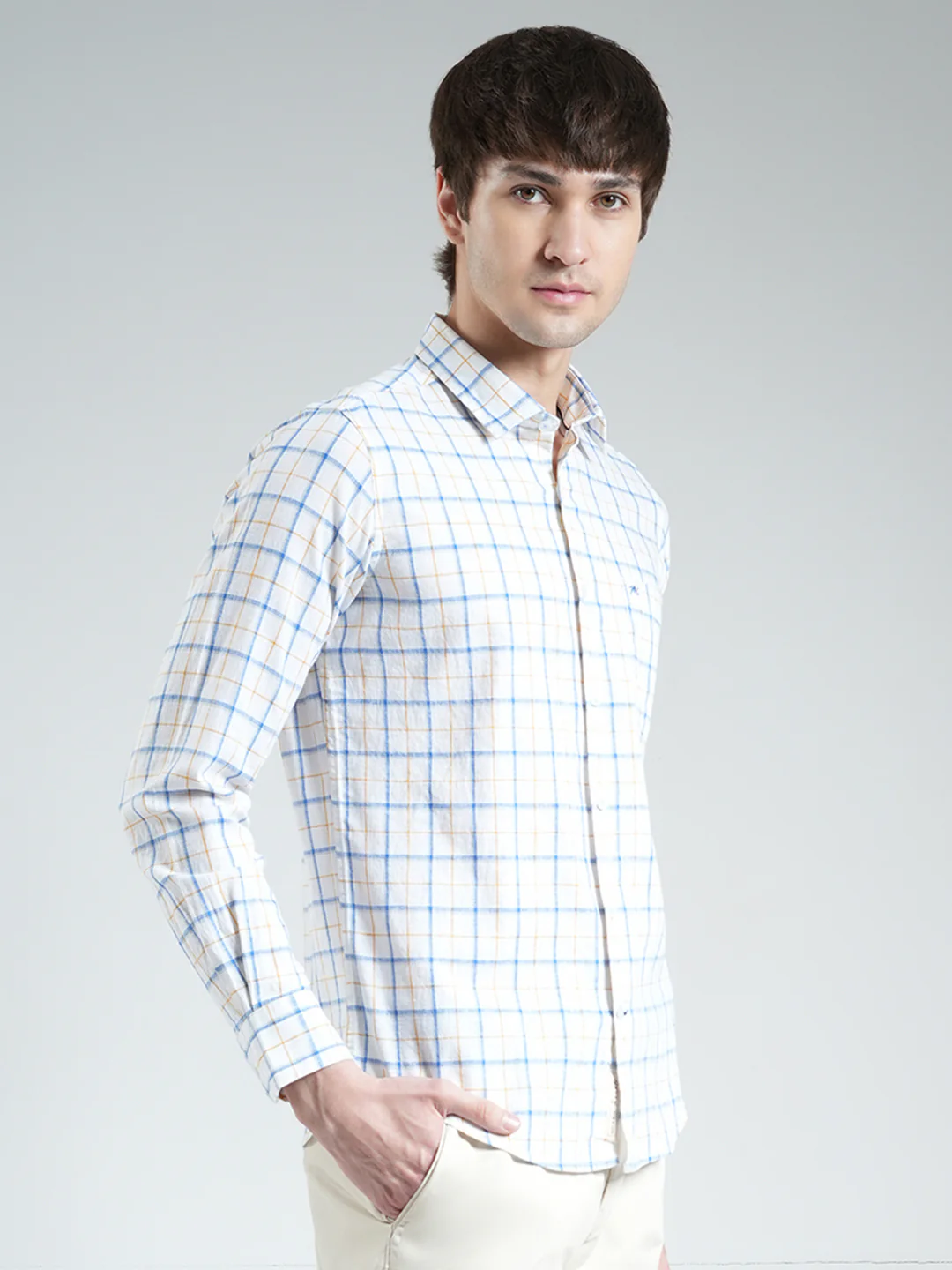Men White Check Collar Full Sleeve Linen Shirt - Image 4