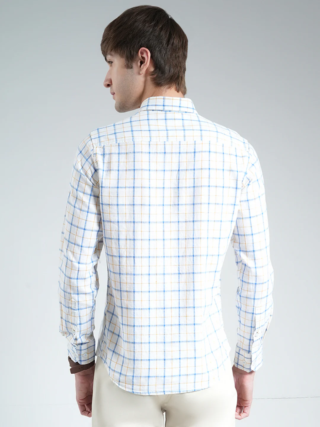 Men White Check Collar Full Sleeve Linen Shirt - Image 5