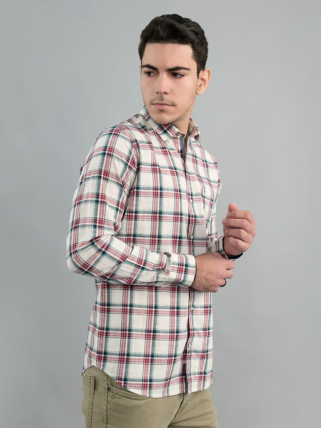Men White Check Collar Full Sleeve Shirt - Image 2