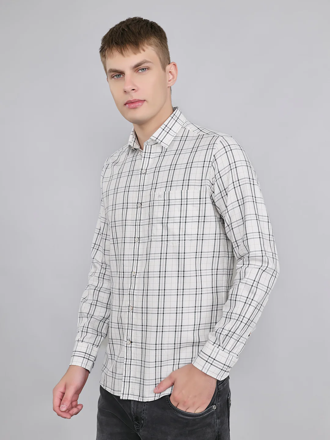 Men White Check Collar Full Sleeve Shirt - Image 2