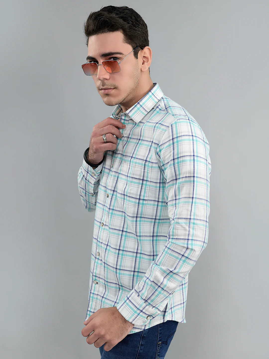 Men White Check Collar Full Sleeve Shirt - Image 3