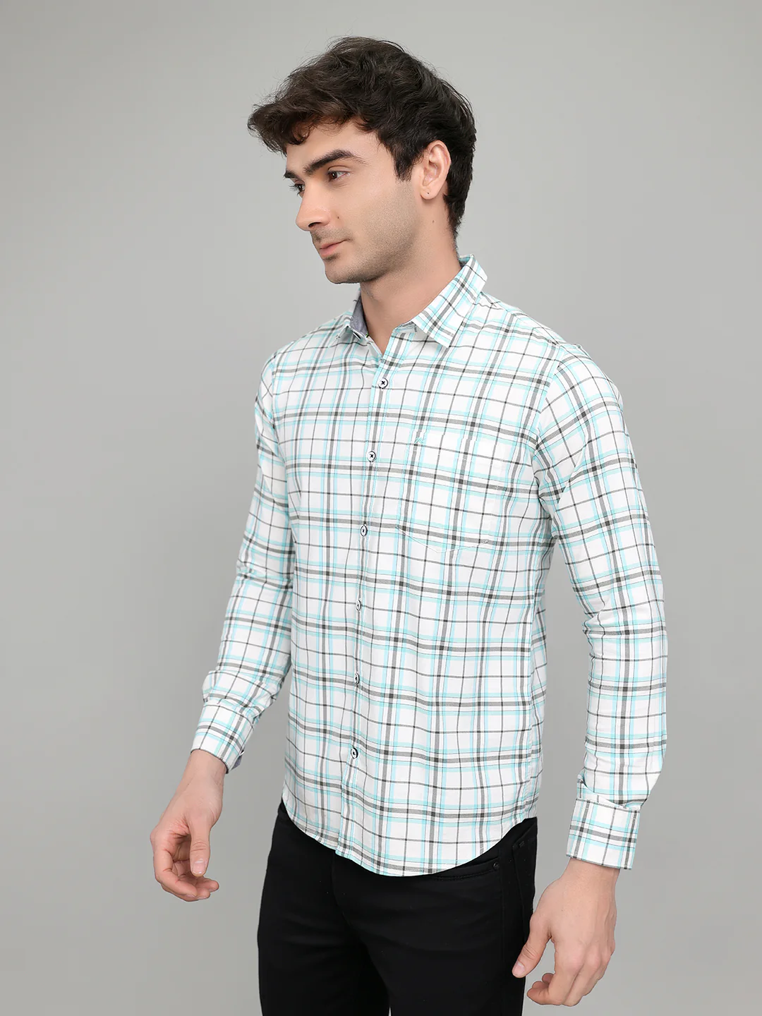 Men White Check Collar Full Sleeve Shirt - Image 2