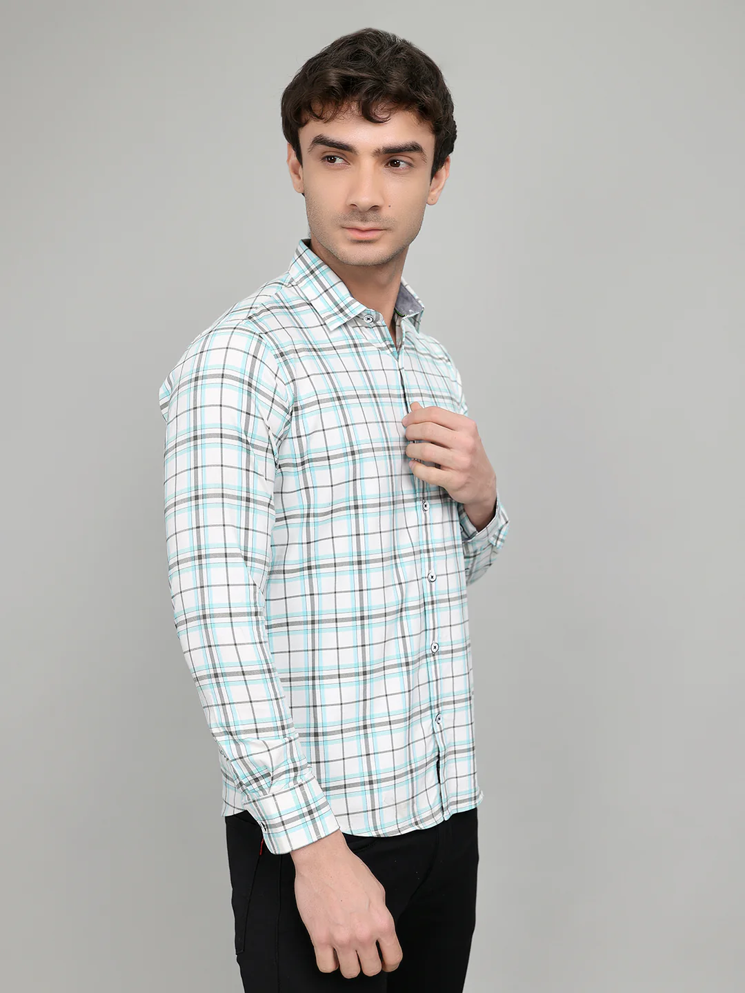 Men White Check Collar Full Sleeve Shirt - Image 3