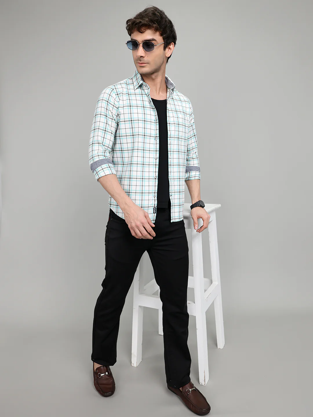 Men White Check Collar Full Sleeve Shirt - Image 6