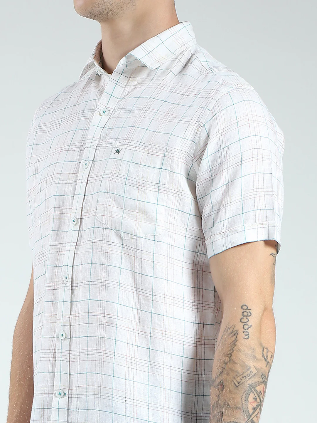 Men White Check Collar Half Sleeve Linen Shirt - Image 6