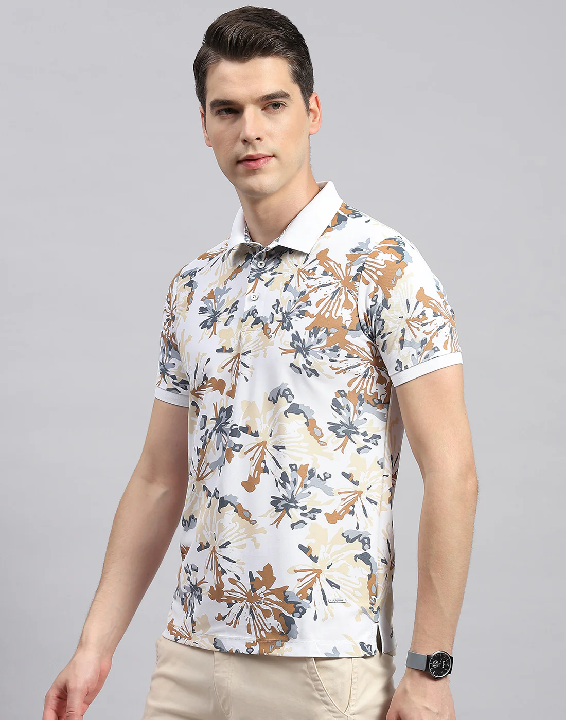 Men White Floral Print Polo Collar Half Sleeve T-Shirt - Image 3