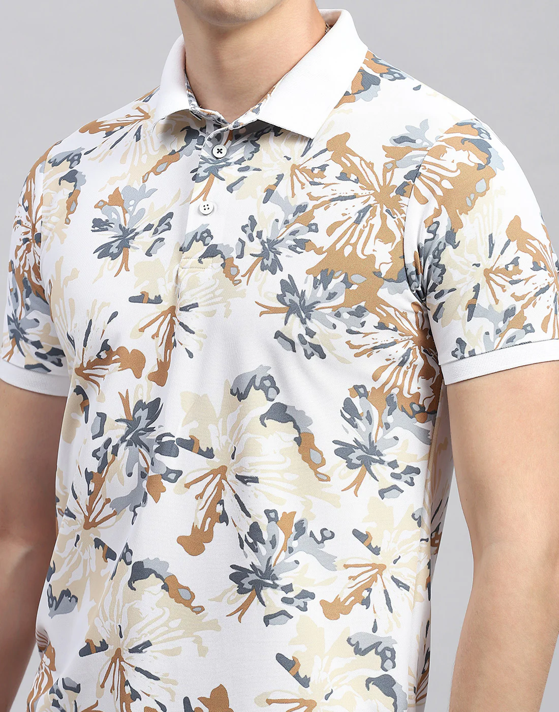 Men White Floral Print Polo Collar Half Sleeve T-Shirt - Image 6