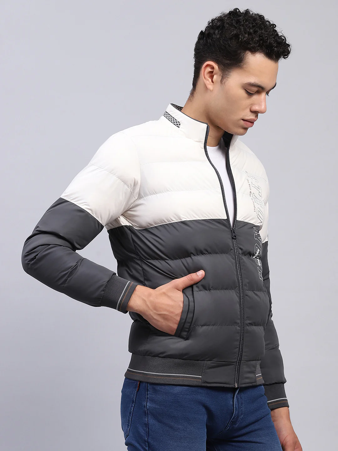 Men White & Grey Printed Mock Neck Full Sleeve Jacket - Image 4