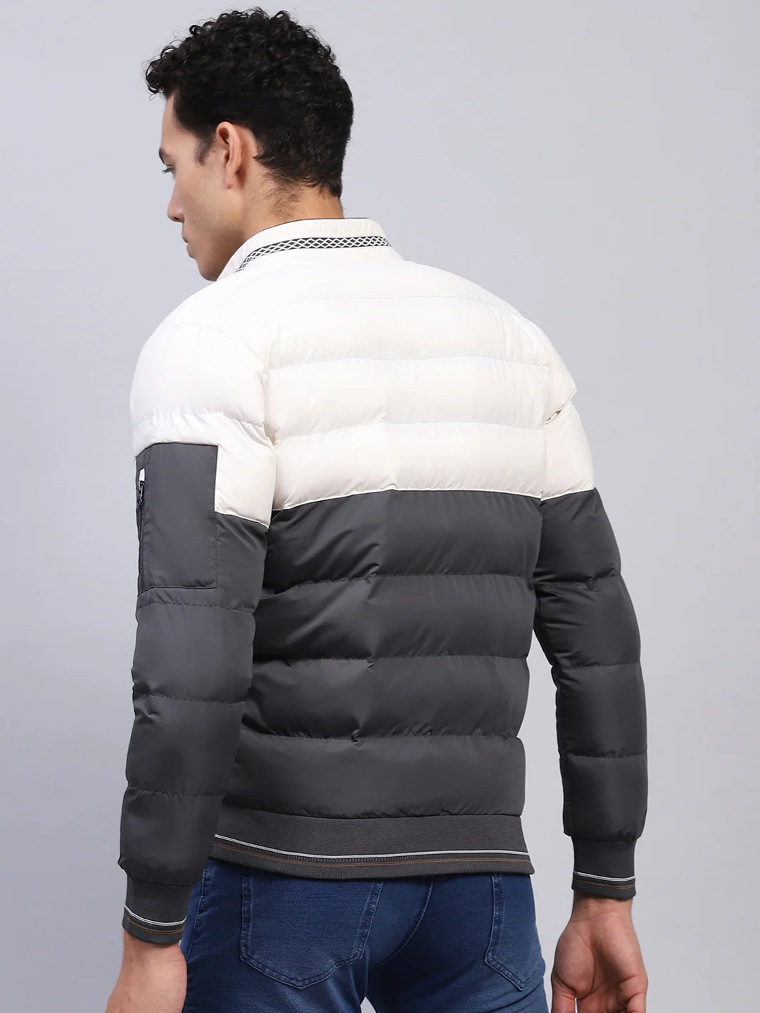 Men White & Grey Printed Mock Neck Full Sleeve Jacket - Image 5