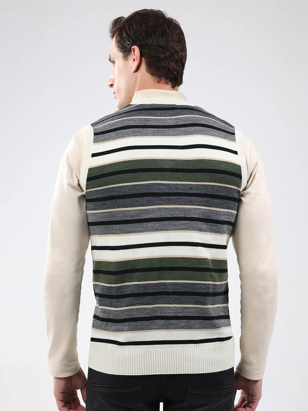 Men White & Grey Stripe V Neck Sleeveless Sweater - Image 5