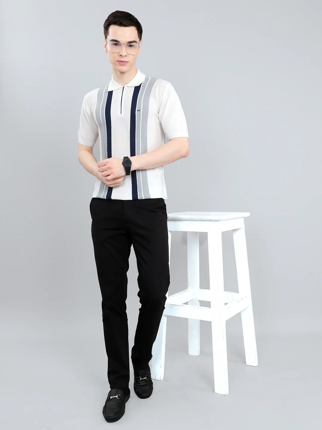 Men White Intarsia Collar Half Sleeve T-Shirt - Image 5