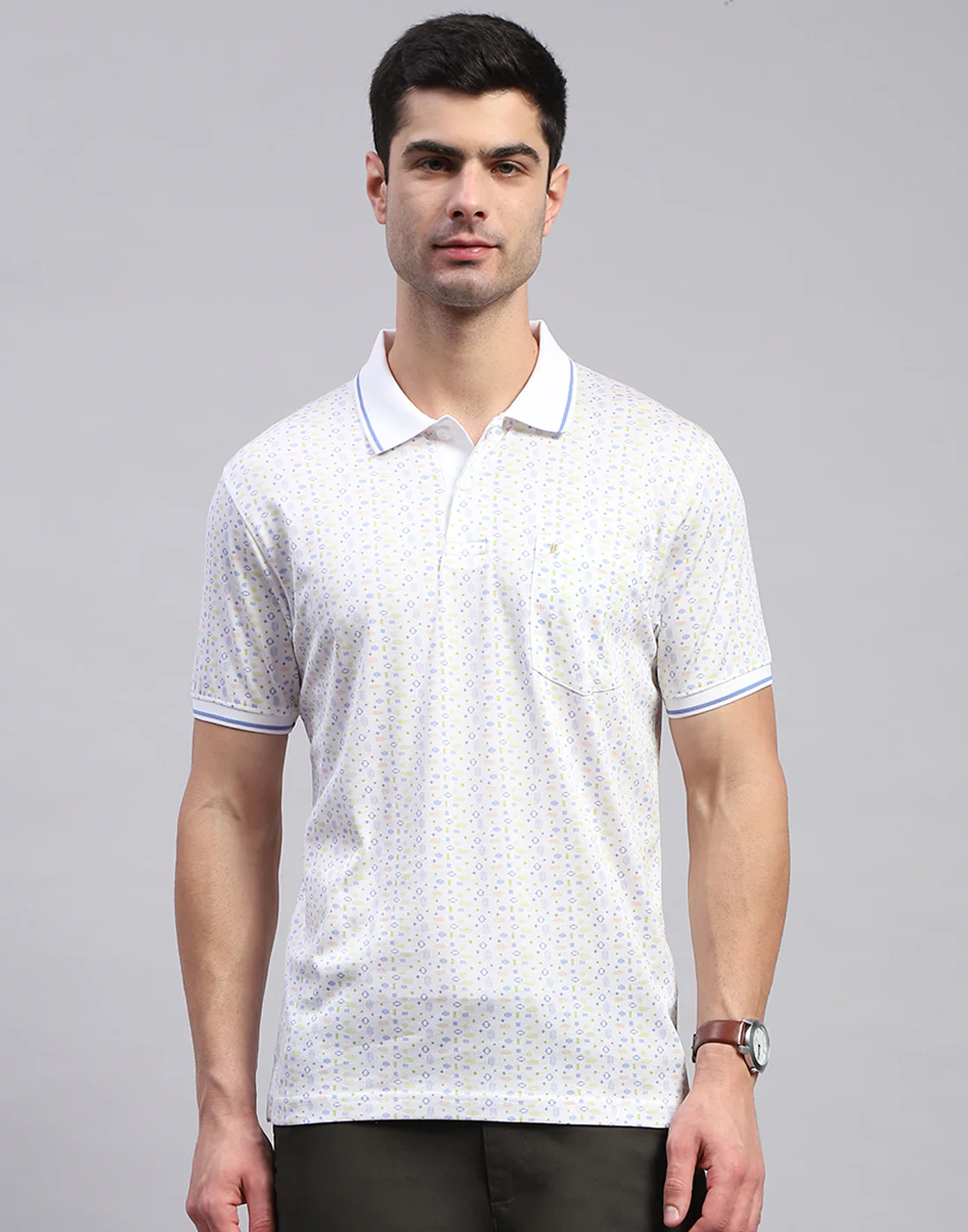 Men White Jaquard Polo Collar Half Sleeve T-Shirt - Image 2