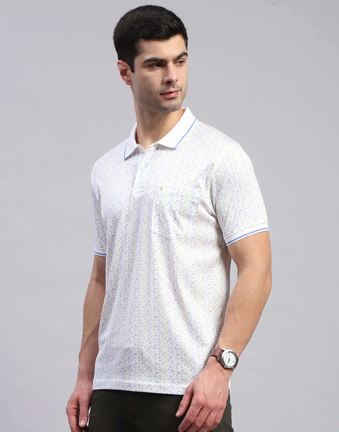 Men White Jaquard Polo Collar Half Sleeve T-Shirt - Image 3