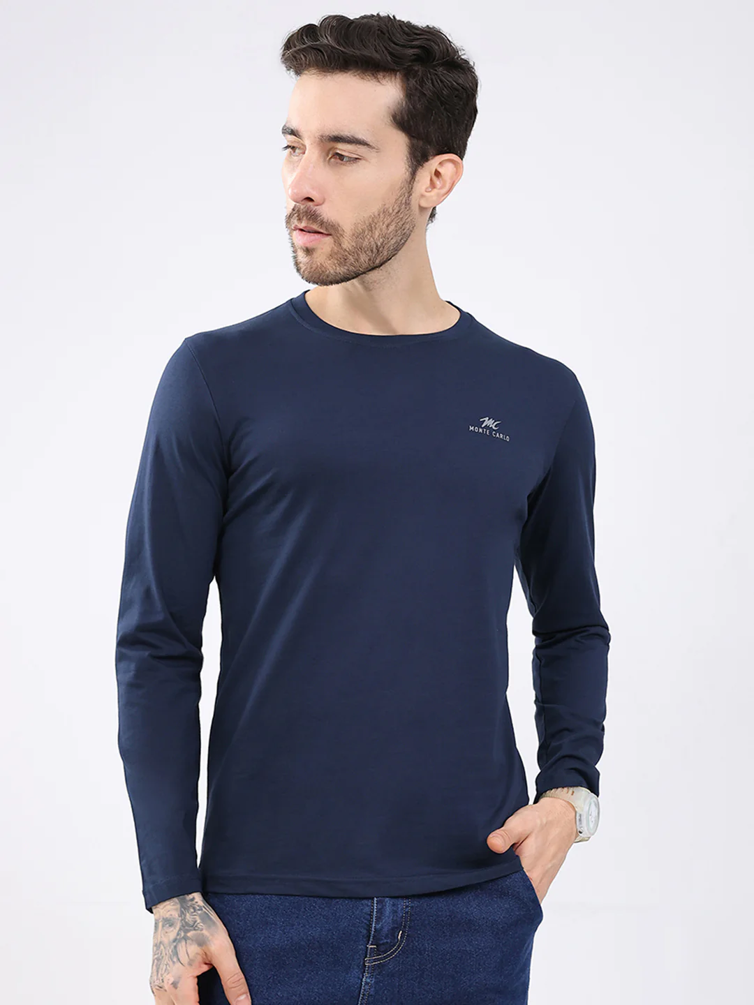 Men White & Navy Blue Solid Round Neck Full Sleeve T-Shirt (Pack of 2) - Image 8