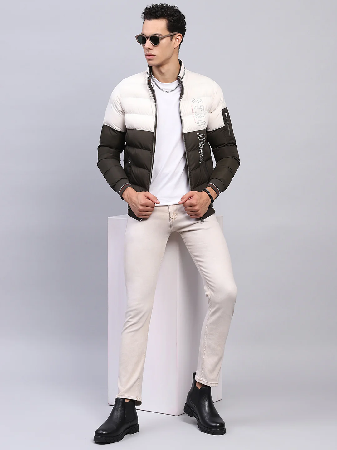Men White & Olive Printed Mock Neck Full Sleeve Jacket - Image 2