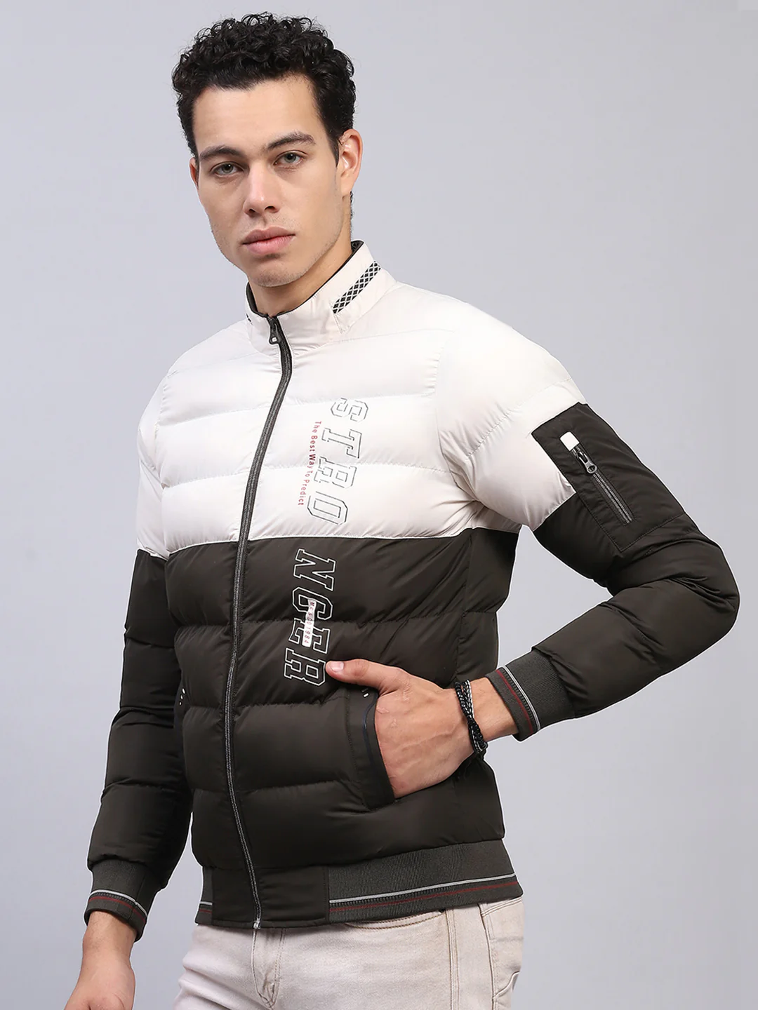 Men White & Olive Printed Mock Neck Full Sleeve Jacket - Image 3