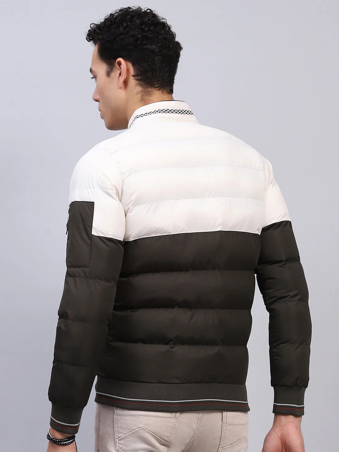 Men White & Olive Printed Mock Neck Full Sleeve Jacket - Image 5